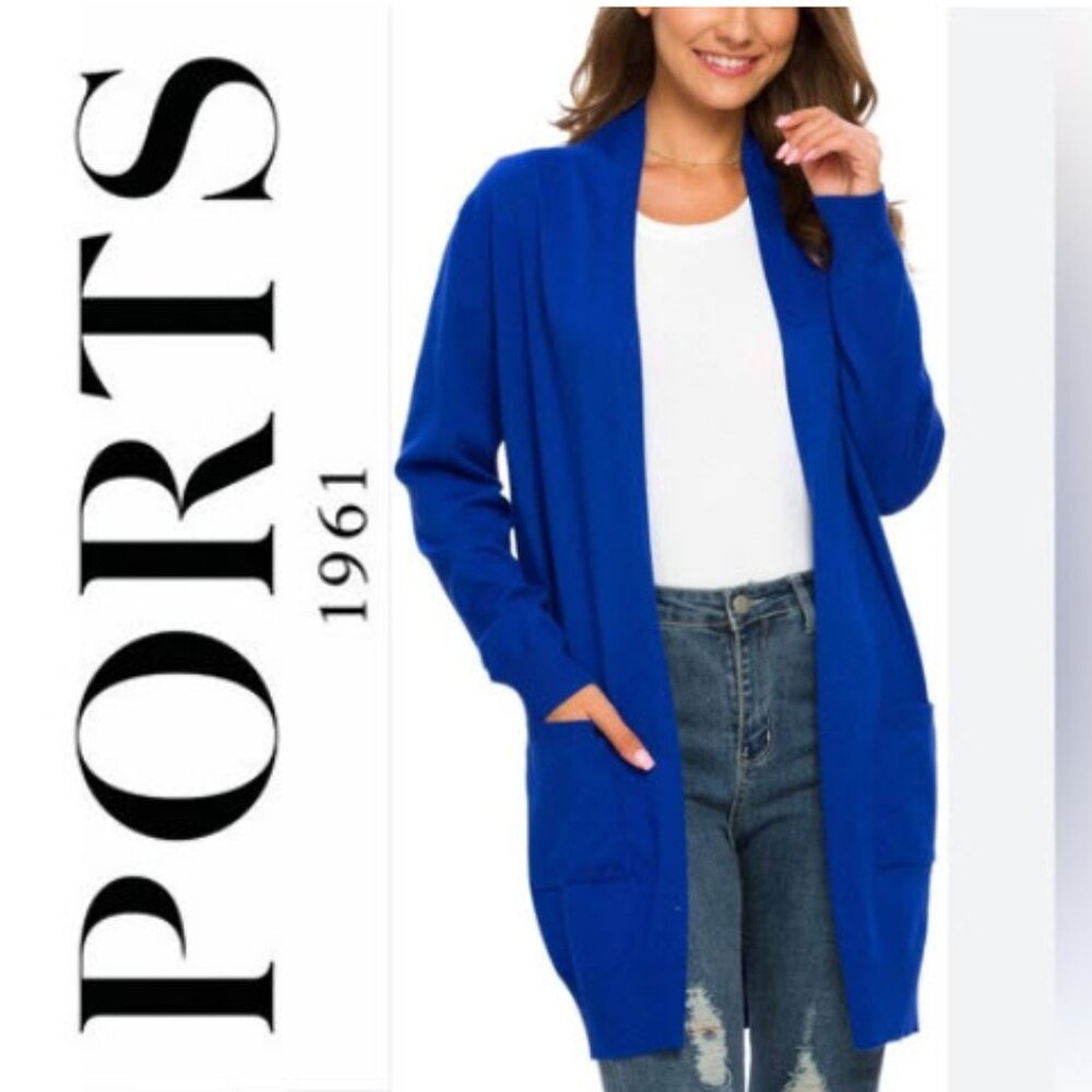 Ports Blue Wool Open Front Cardigan Relaxed Fit Size Medium